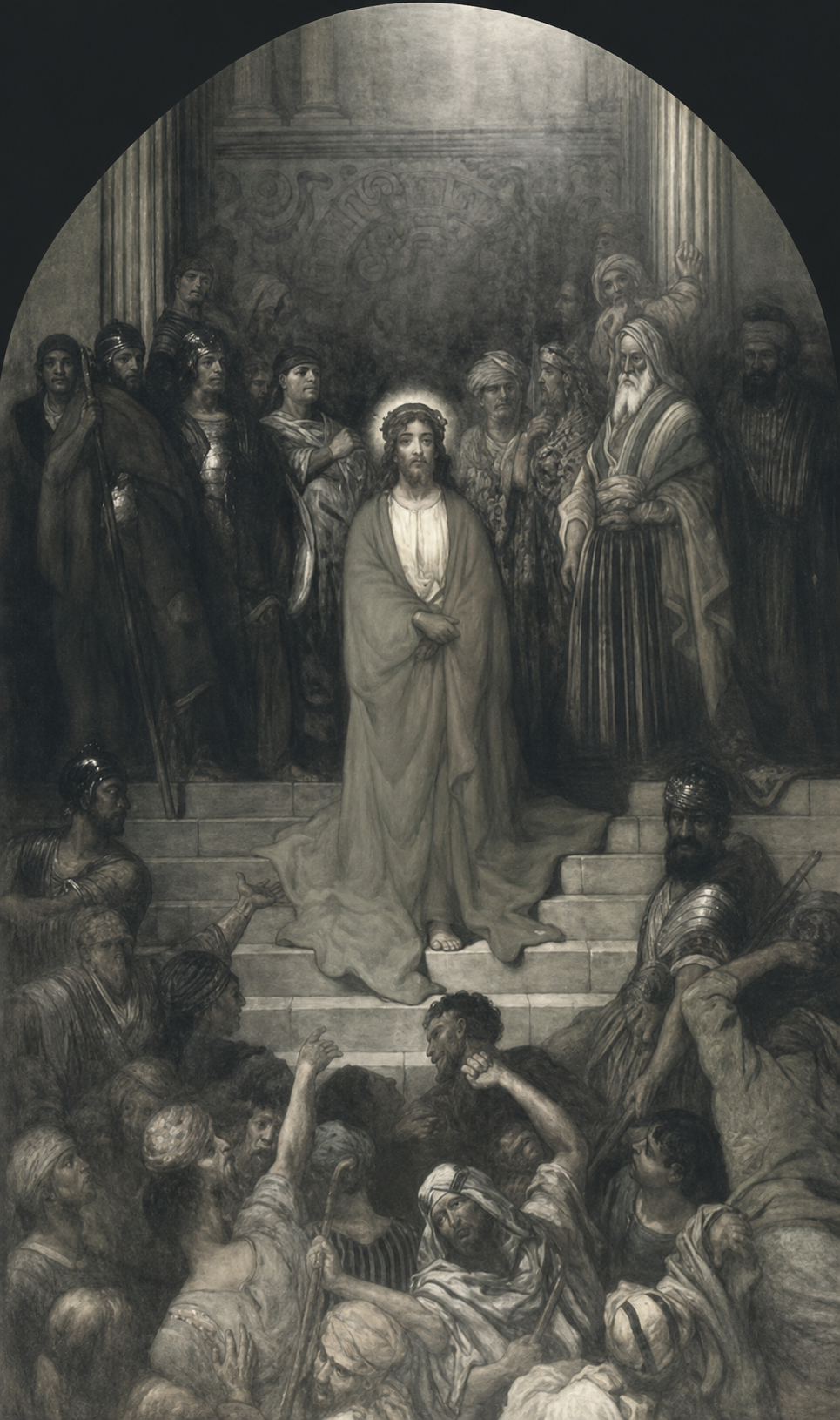 Jesus standing on steps amid a crowd